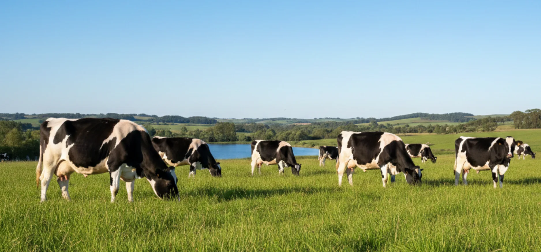 Healthy dairy cattle in green pasture